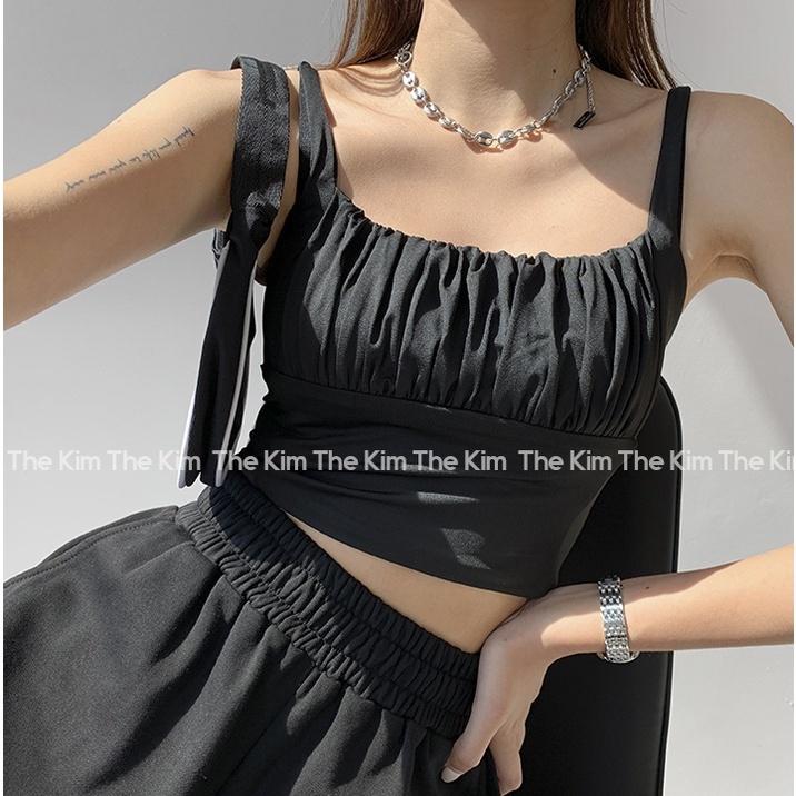 ┇✗Áo 2 dây cổ U nhún ly ngực croptop , thun chất cotton co giãn tôn dáng The Kim A102