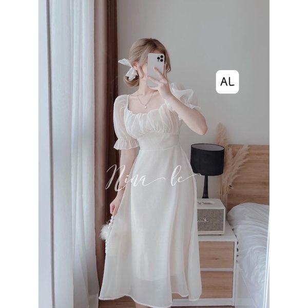 Đầm nữ Tiểu Thư Cổ Nhúm Cộc Tay Vải Voan 2 Lớp Dáng Dài Q092