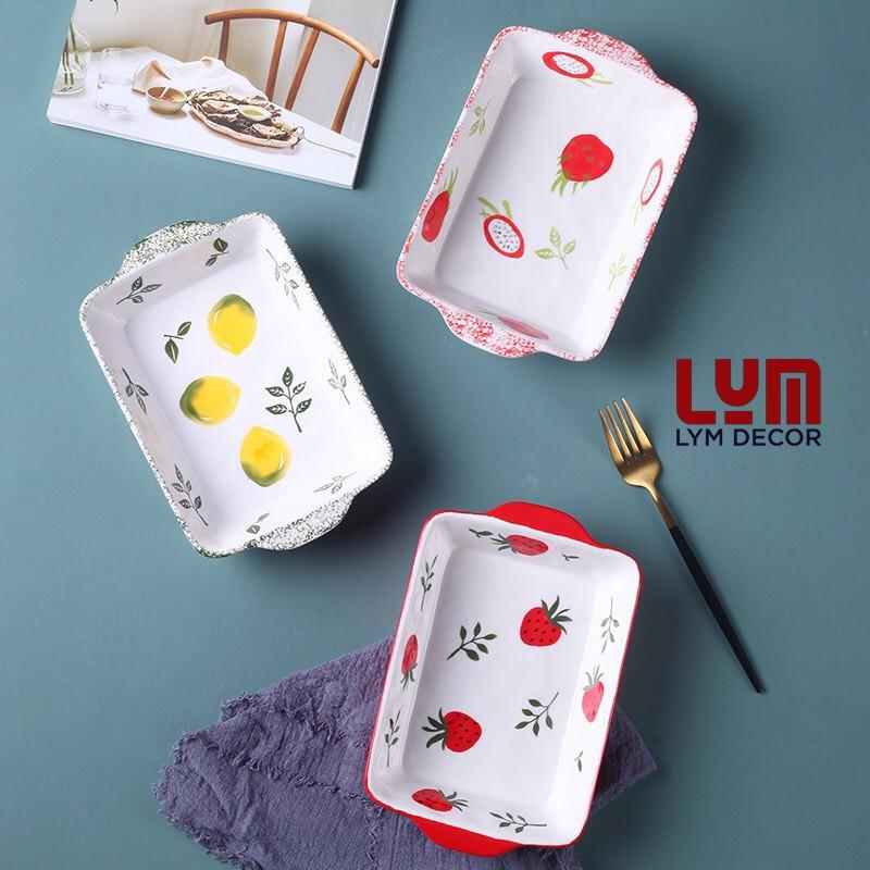 Thố nướng chữ nhật dâu tây size 22cm, sứ vẽ tay xuất khẩu