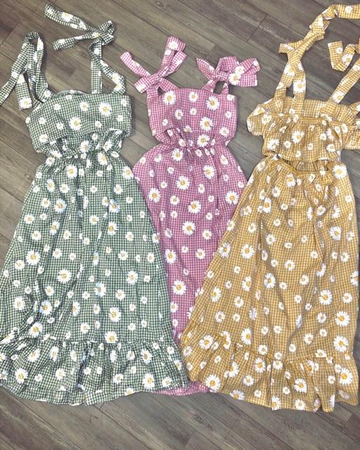 Đầm maxi phối bèo cột dây