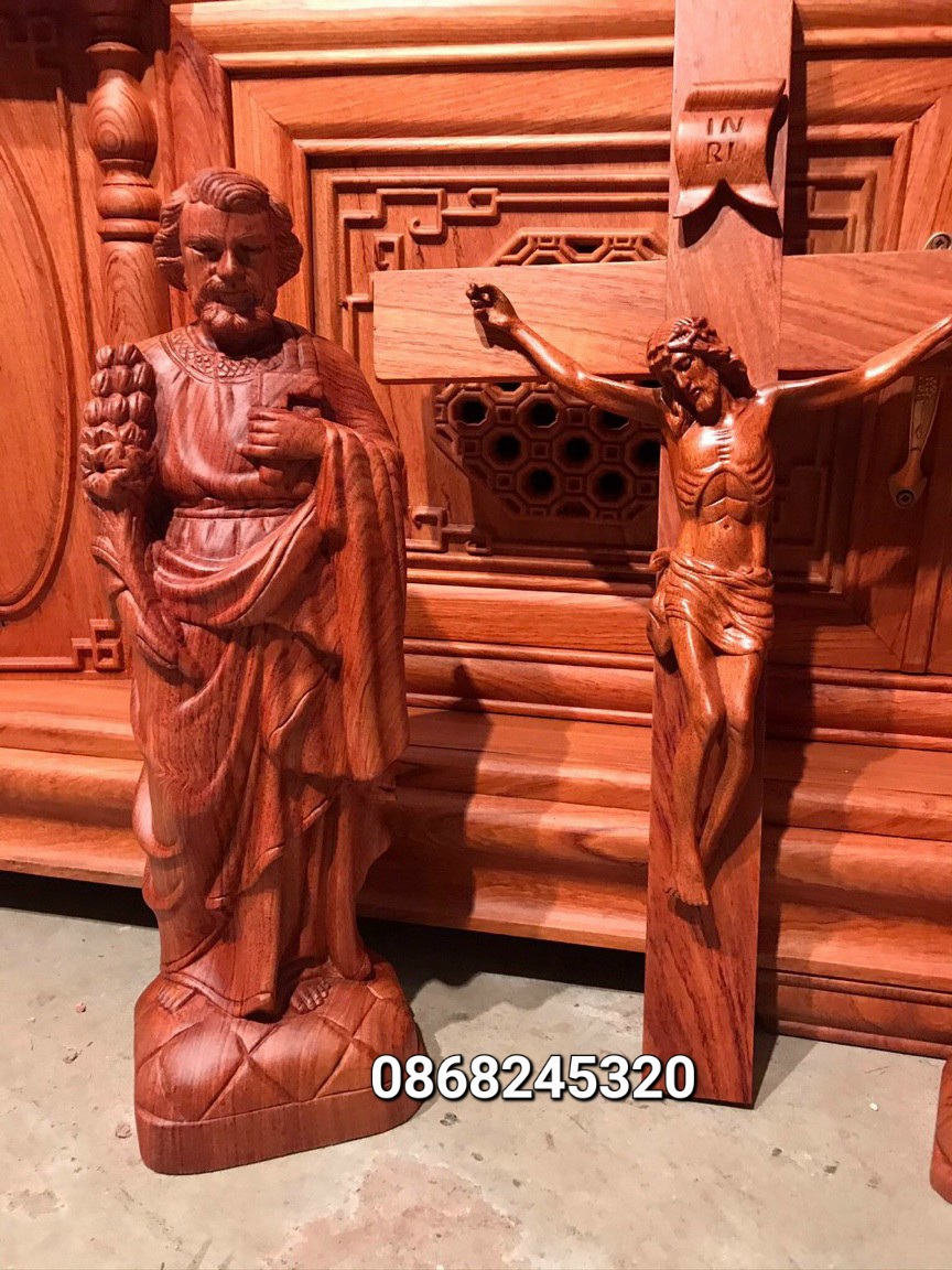 Bộ tượng bàn thờ chúa công giáo bằng gỗ hương đá kt cao 50cm