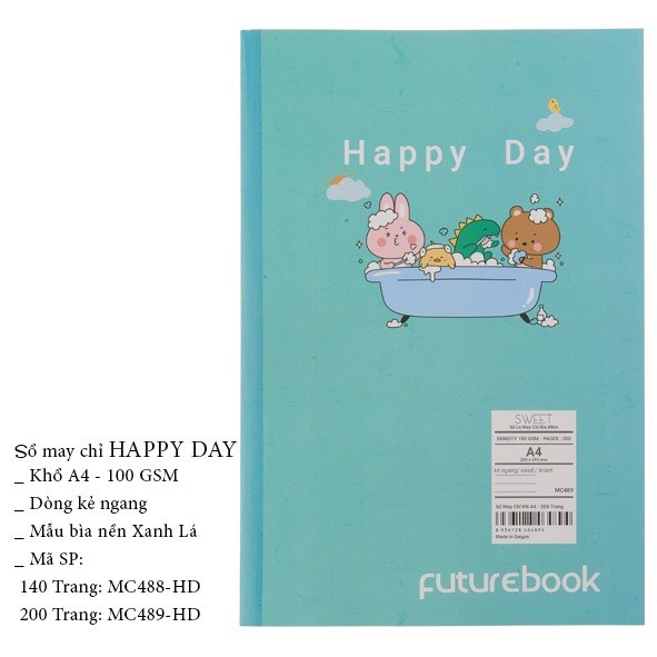 FUTUREBOOK-Sổ May Chỉ Dán Gáy Happy Day A4_Dòng Kẻ Ngang–Định Lượng 100 Gsm. 140Tr_200Tr