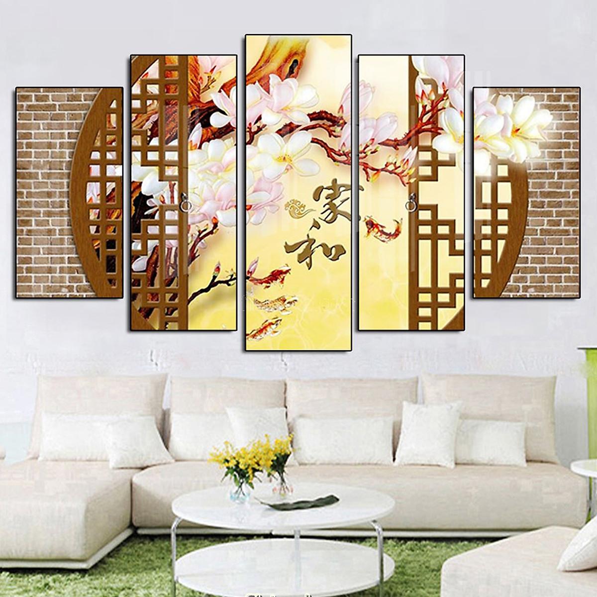 Tranh Pha Lê Tráng Gương Treo Tường Hiện Đại _ Tranh Bộ 5 Điêu Khắc 3D