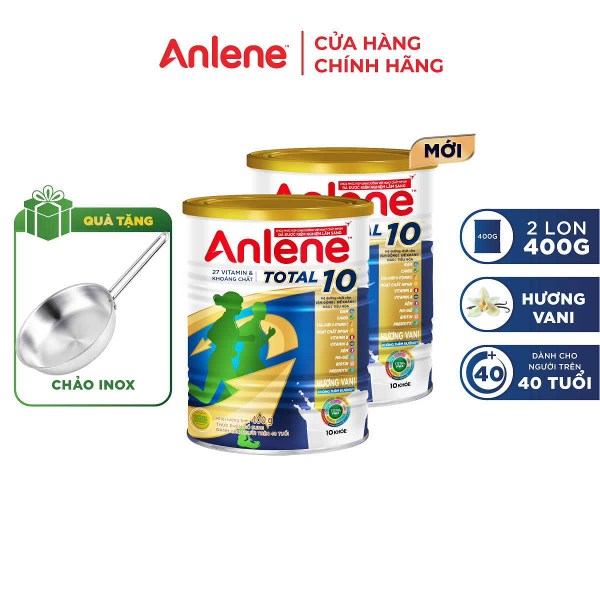 Combo 2 Sữa bột bổ sung dinh dưỡng Anlene Total 10 ( Hộp thiếc 400g) tặng chảo Inox