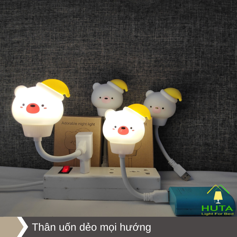 Đèn Ngủ Gấu Mini HUTA Cute Dễ Thương, Đầu Cắm USB, Uốn Dẻo Tiện Lợi, Hình Thú Dễ Thương Ánh Sáng Vàng, An Toàn Cho Bé