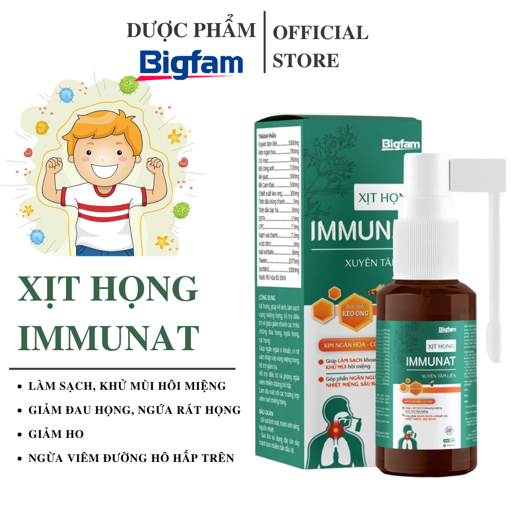 Xịt họng chiết xuất keo ong ngừa khuẩn, giảm ho Immunat Bigfam sử dụng được cho trẻ nhỏ và phụ nữ mang thai 30ml