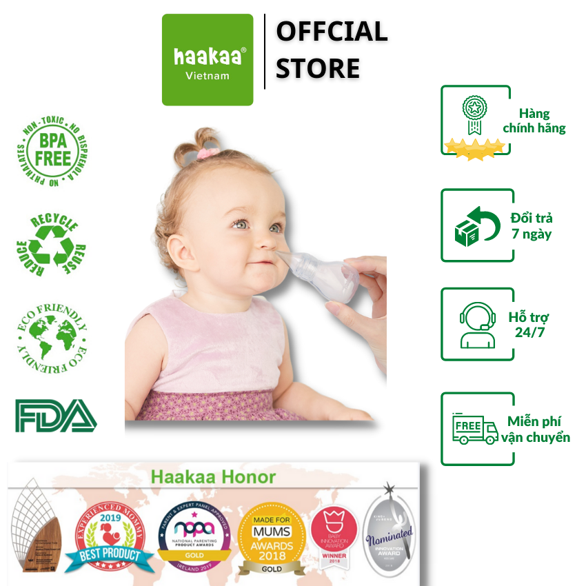Ống hút dịch mũi cho bé Haakaa. Chất liệu silicone cao cấp, mềm mại. Không chứa BPA, PVC và phthalate