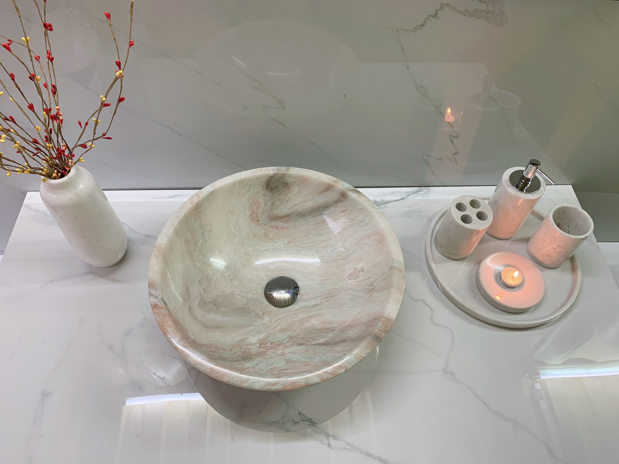 LAVABO ĐẶT BÀN ĐÁ ĐÁ TỰ NHIÊN TRÒN MỎNG MÀU XANH ONYX ON80