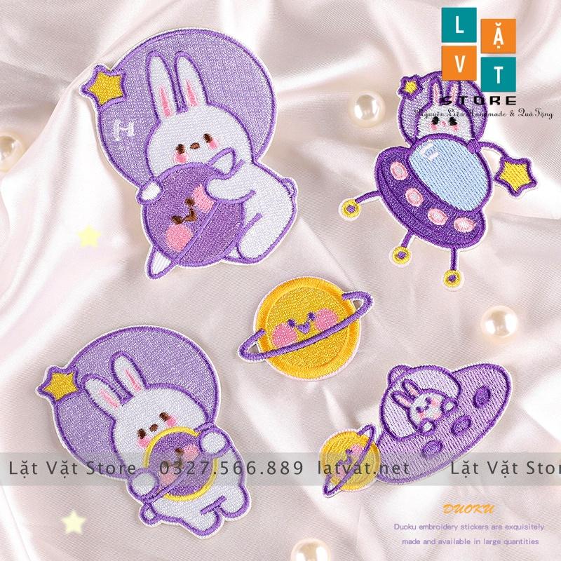 Bộ patch ủi quần áo THỎ TÍM TÁI 5 hình cực kì dễ thương, dán Vali, tủ lạnh, Sticker miếng dán quần áo