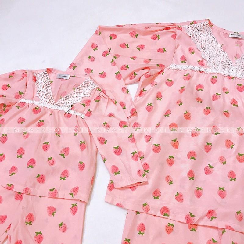 Bộ đồ ngủ dài tay pijama cho bé gái hoạ tiết quả dâu, quả bơ,nhiều mẫu vải đẹp may kĩ Tiemmaykeokeo