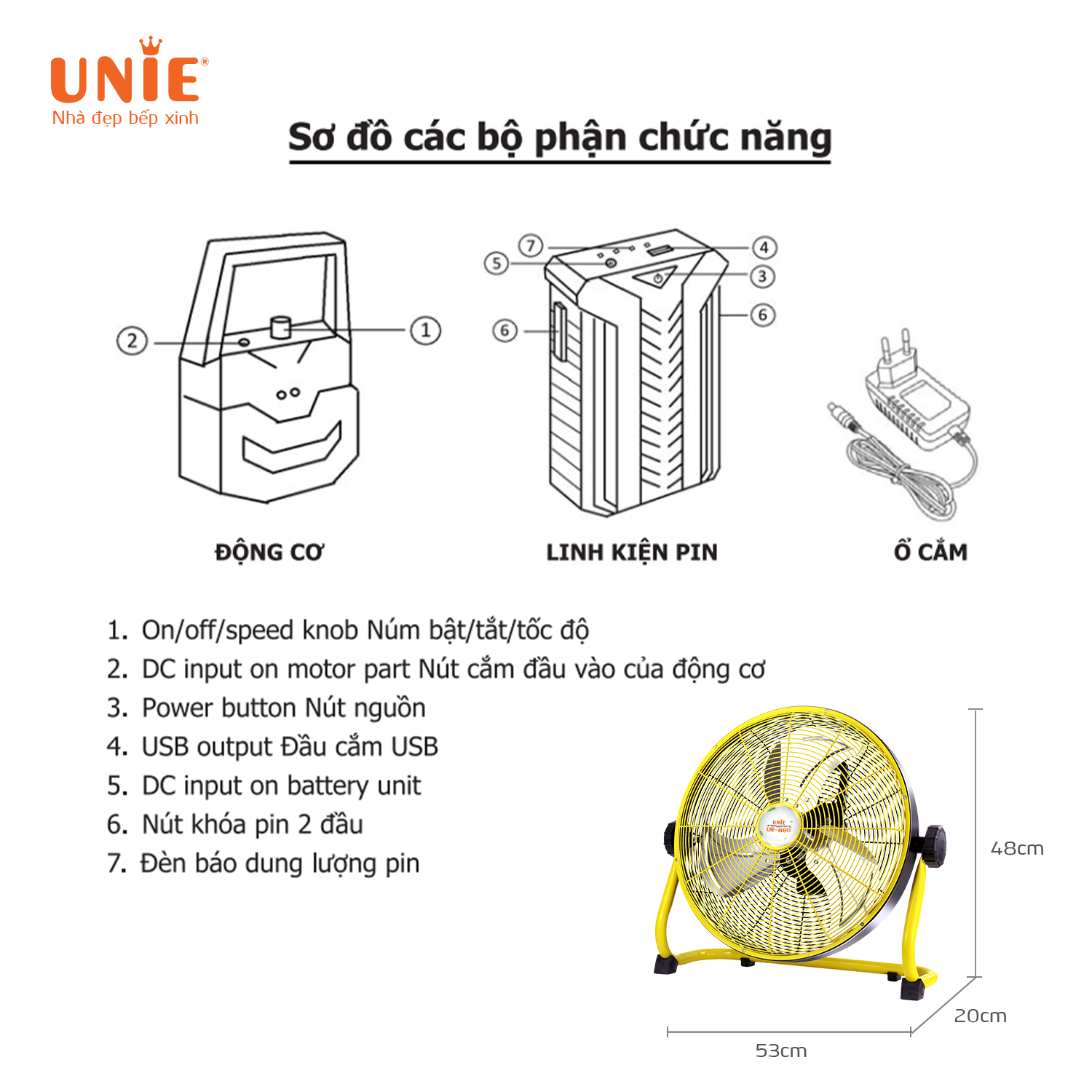 Quạt sạc tích điện UNIE UE-880 sạc 2.5h sử dụng 48h - Hàng chính hãng