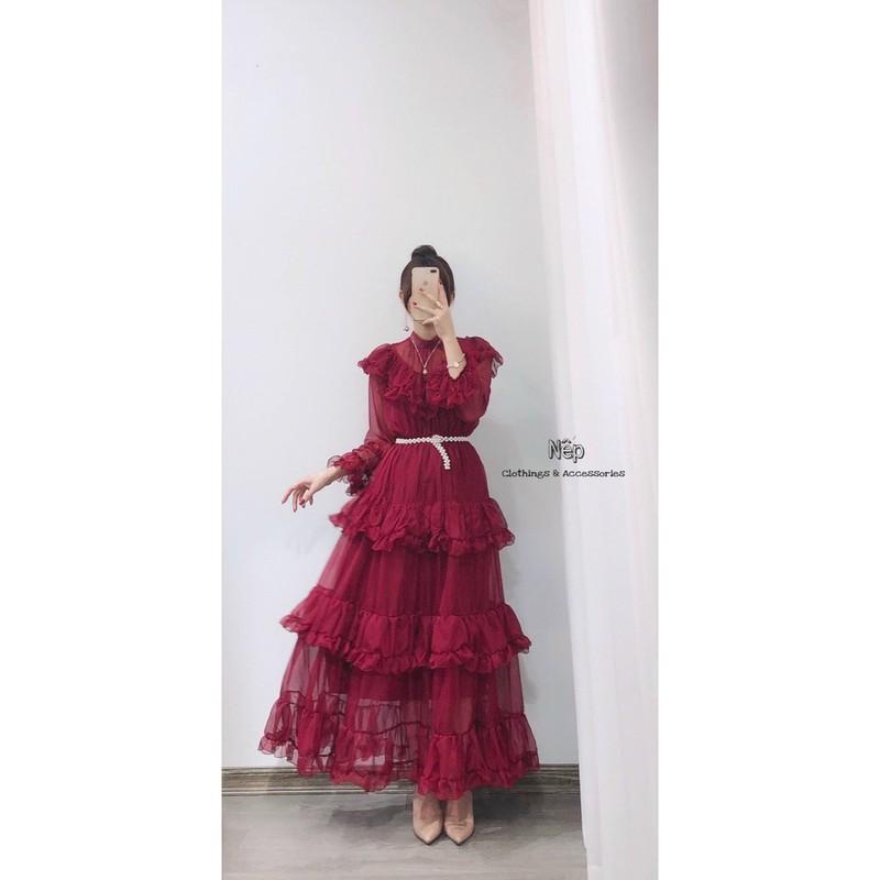 Váy maxi tơ bèo tầng kèm đai ngọc