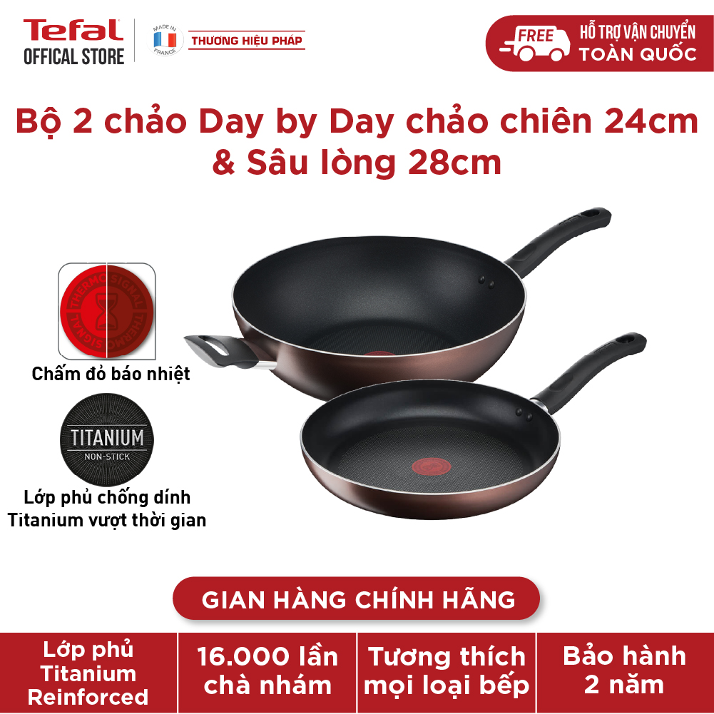 Bộ 2 chảo chống dính đáy từ Tefal Day by Day dùng cho mọi loại bếp (24cm, 28cm) - Hàng chính hãng