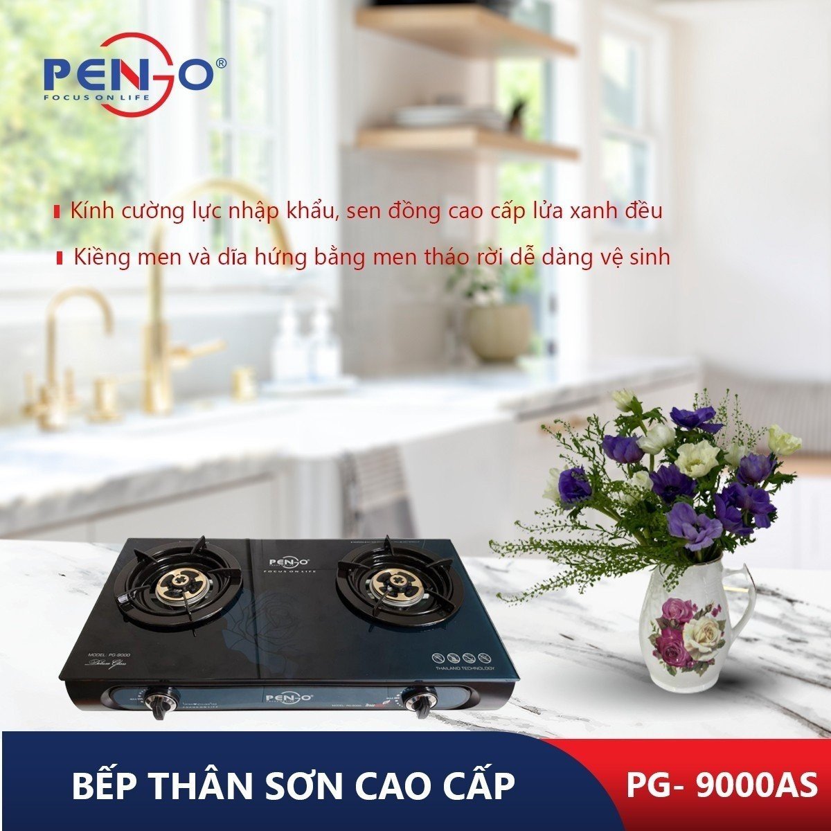 Bếp ga đôi mặt kính cao cấp Pengo PG-9000AS( Hàng chính hãng)