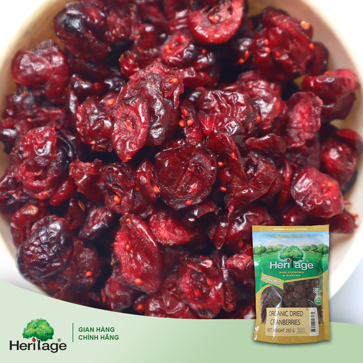 Quả Nam Việt Quất  Sấy Khô Hữu Cơ Heritage Nguyên Liệu Mỹ gói 250g  - Organic Dried Cranberries