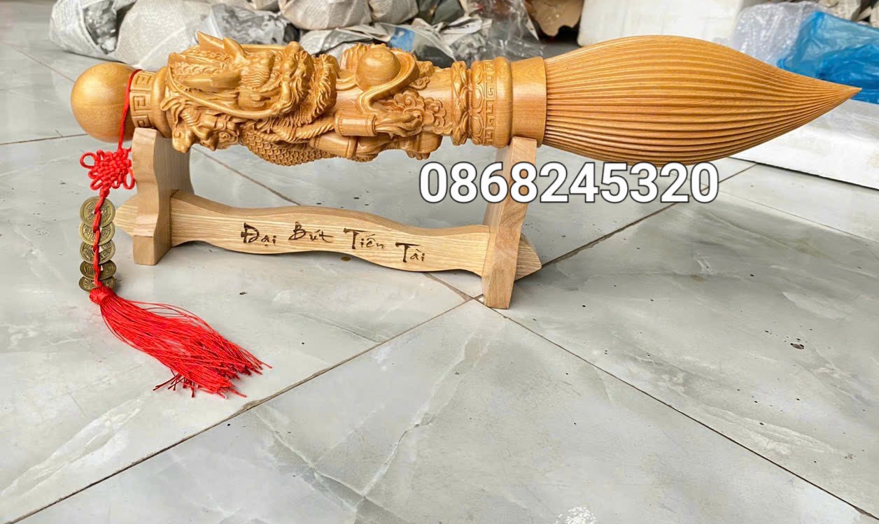 Bút phong thủy khắc nhất long vờn ngọc bằng bách xanh  kt 60×10×10cm