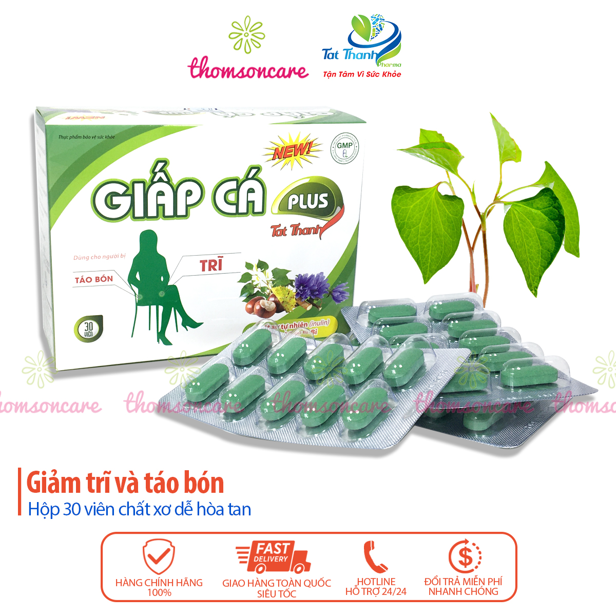 Viên uống Giấp Cá Plus - Giảm trĩ nội, ngoại từ thảo dược, chất xơ hòa tan và Rutin - Hộp 30viên