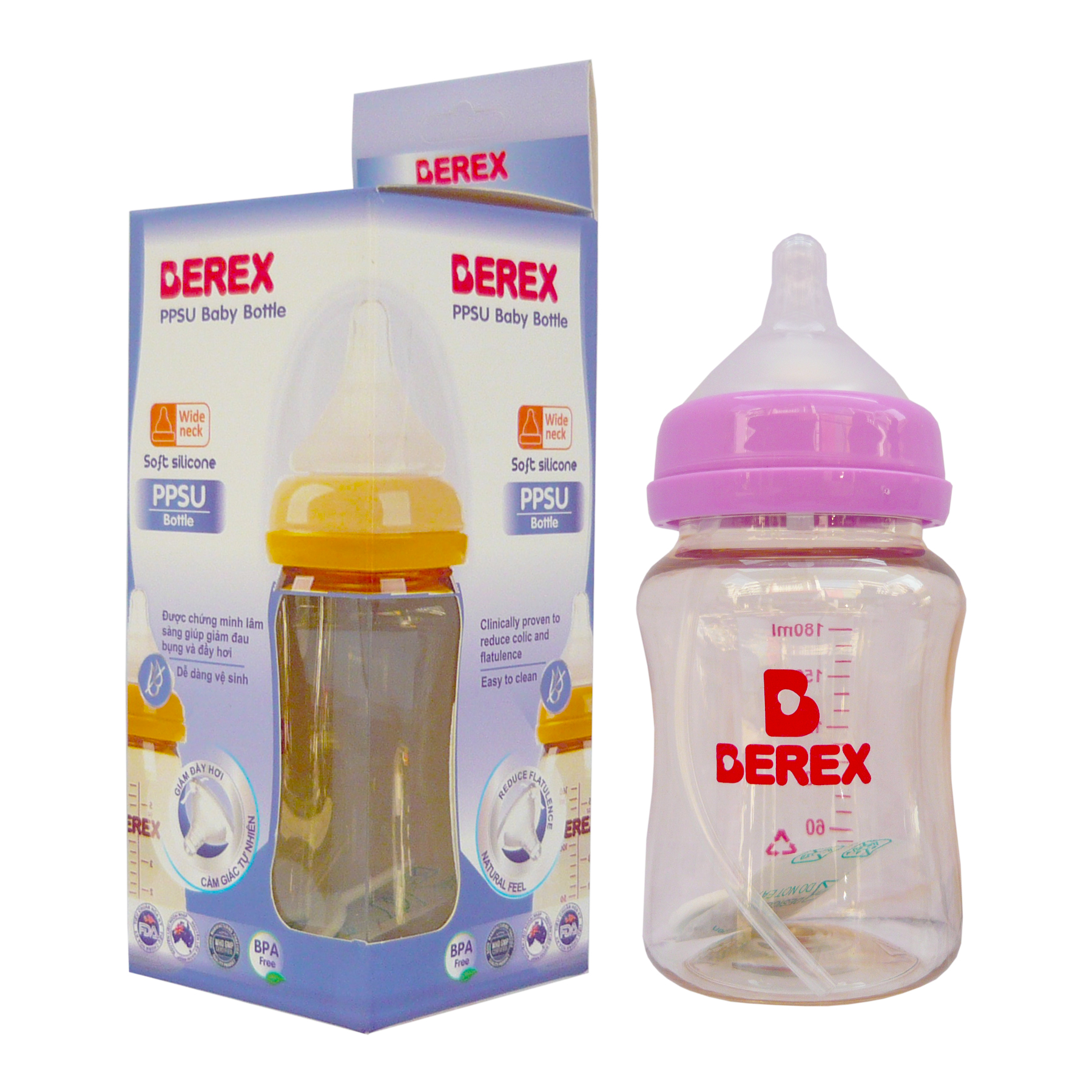 Bình sữa Nhựa PPSU PLUS Berex cổ rộng, chống đầy hơi cho bé từ (180ml)- không Quai màu ngẫu nhiền