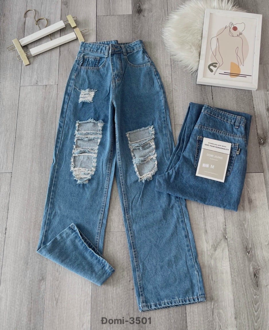 Quần baggy jean ống suông rách gối thời trang