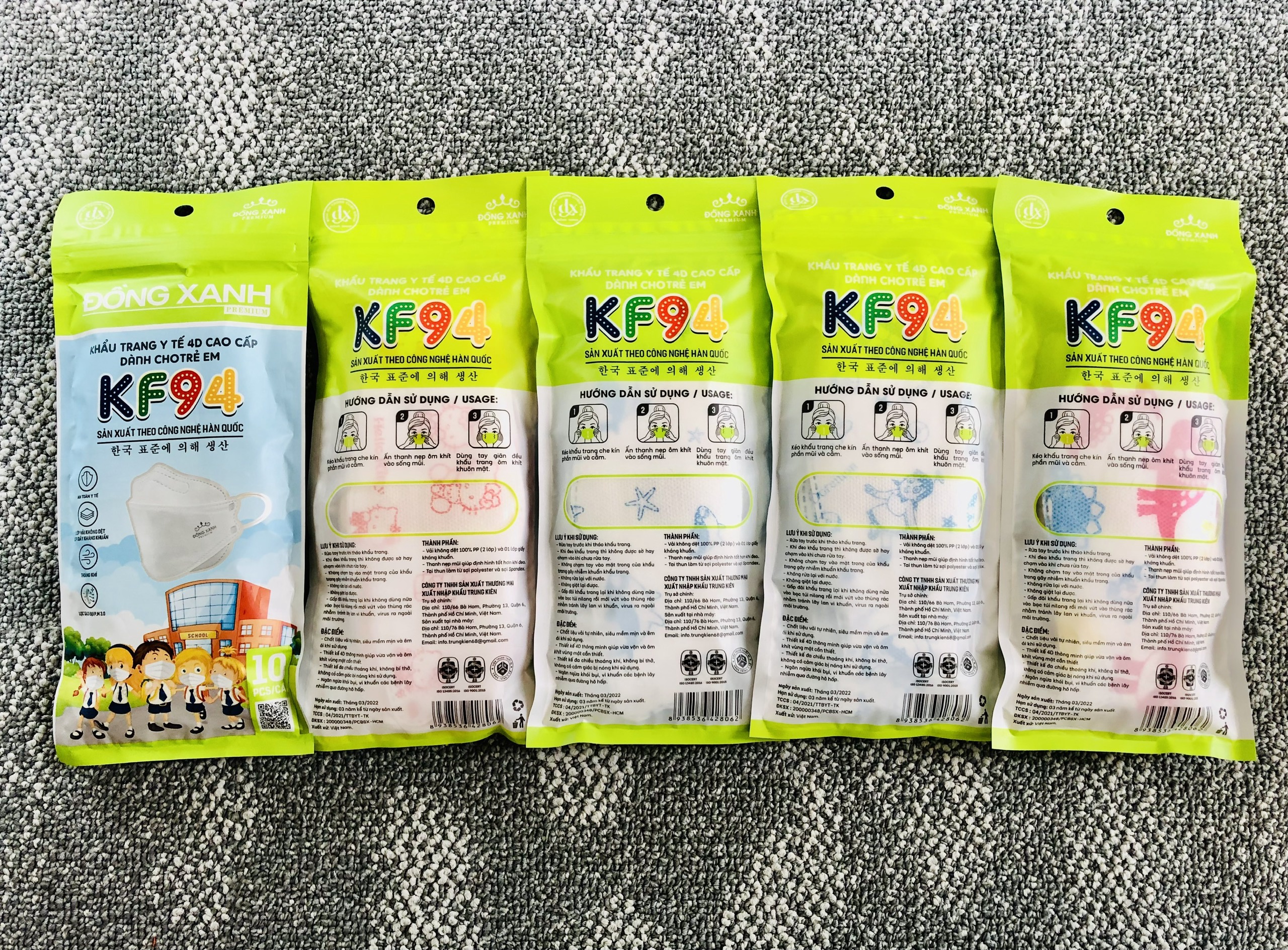 30 TÚI KHẨU TRANG KF94 TRẺ EM ĐỒNG XANH PREMIUM