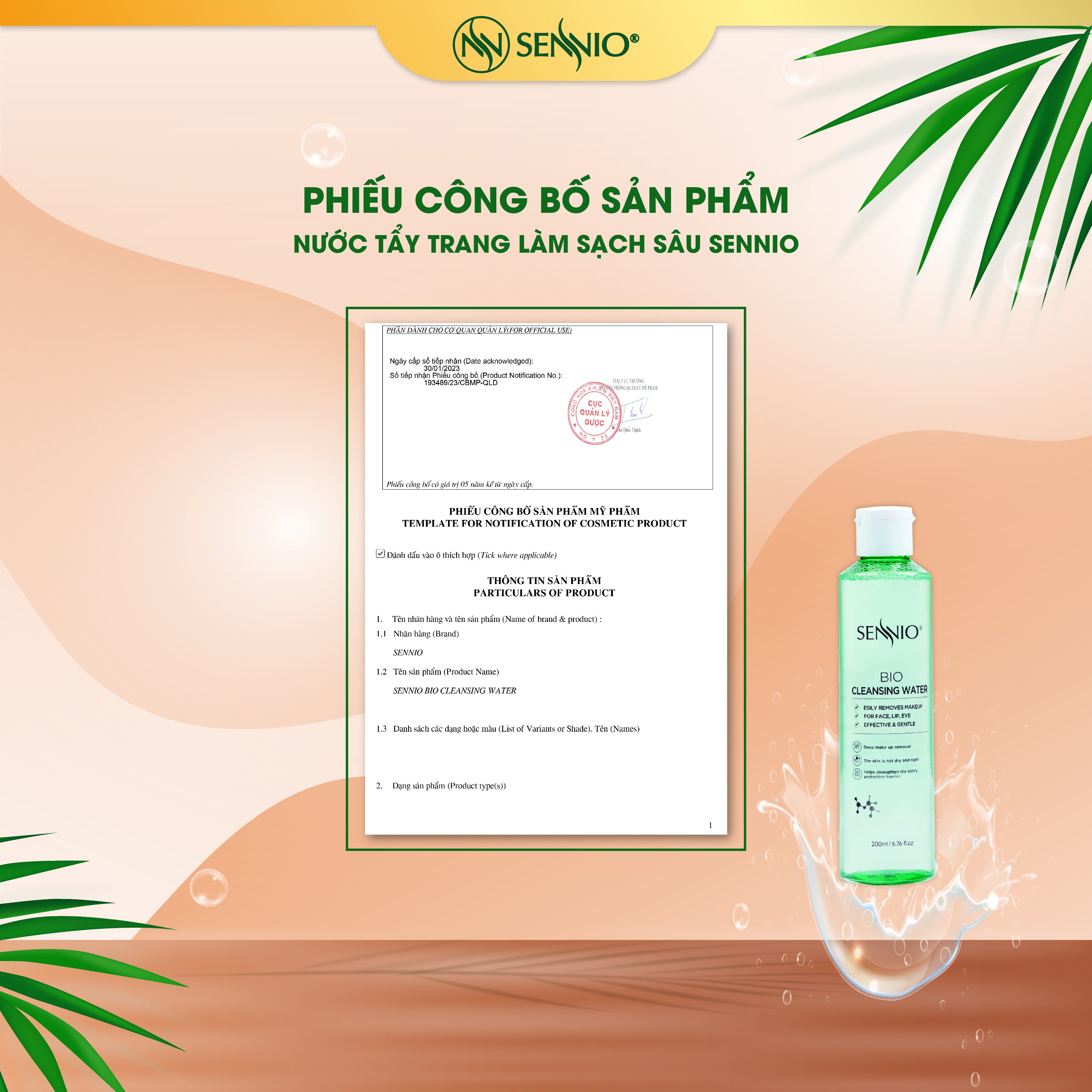 Nước tẩy trang không cồn Sennio Cleansing Water làm sạch sâu phù hợp với mọi làm da 200ml SNO 836