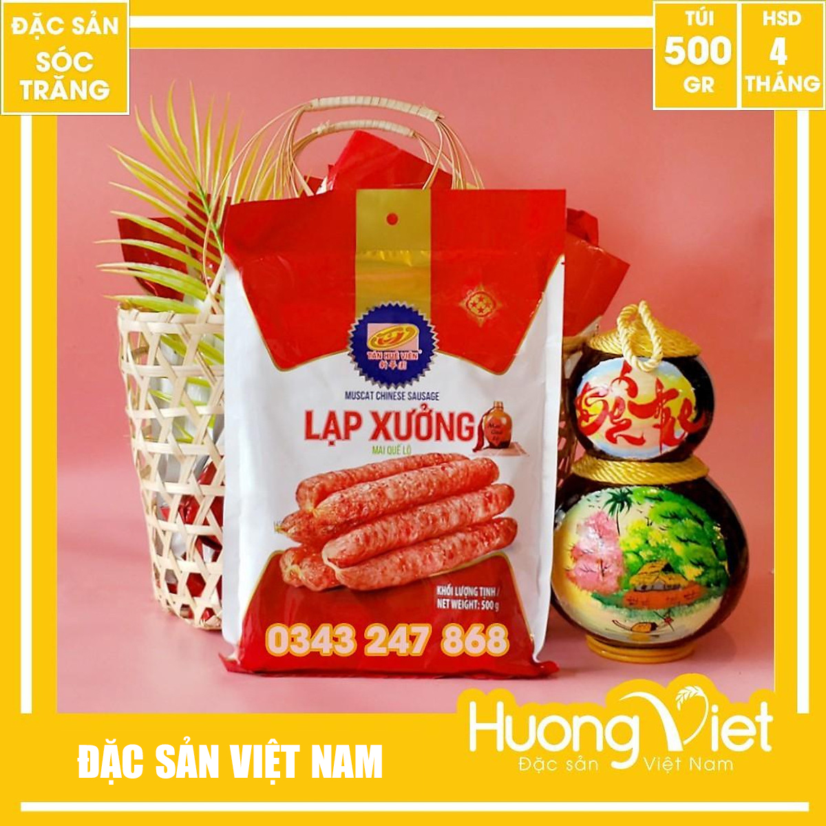 Đặc Sản Sóc Trăng - Lạp Xưởng Nạc Tân Huê Viên 500G Sóc Trăng Hút Chân Không, Thịt Lạp Sườn Heo Mai Quế Lộ Thơm Ngon Đậm Vị Truyền Thống