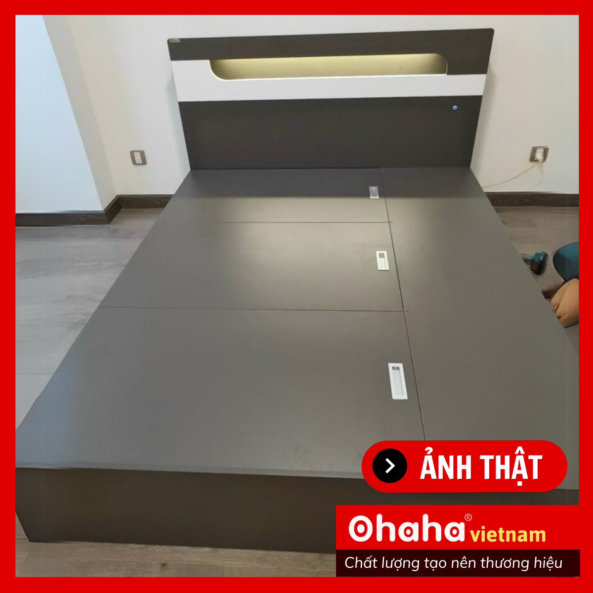 [ Kèm Ảnh Thực Tế - Miễn phí vận chuyển &amp; Lắp đặt tại TP.HCM ]  Giường ngủ gỗ công nghiệp cao cấp Ohaha - GC033 - 02 - Kèm đèn Led - Xám Chì/Trắng