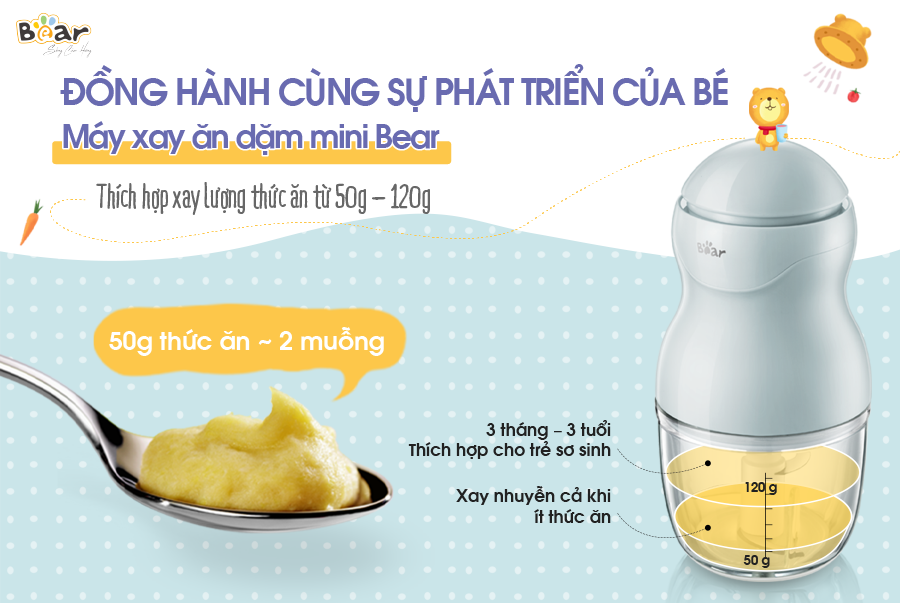 Máy Xay Thực Phẩm Đa Năng, Máy Xay Ăn Dặm BEAR GR-B03V2 Xay Cực Êm An Toàn Vệ Sinh, Dung Tích 0.3 Lít Công Suất 120 W - Hàng Chính Hãng