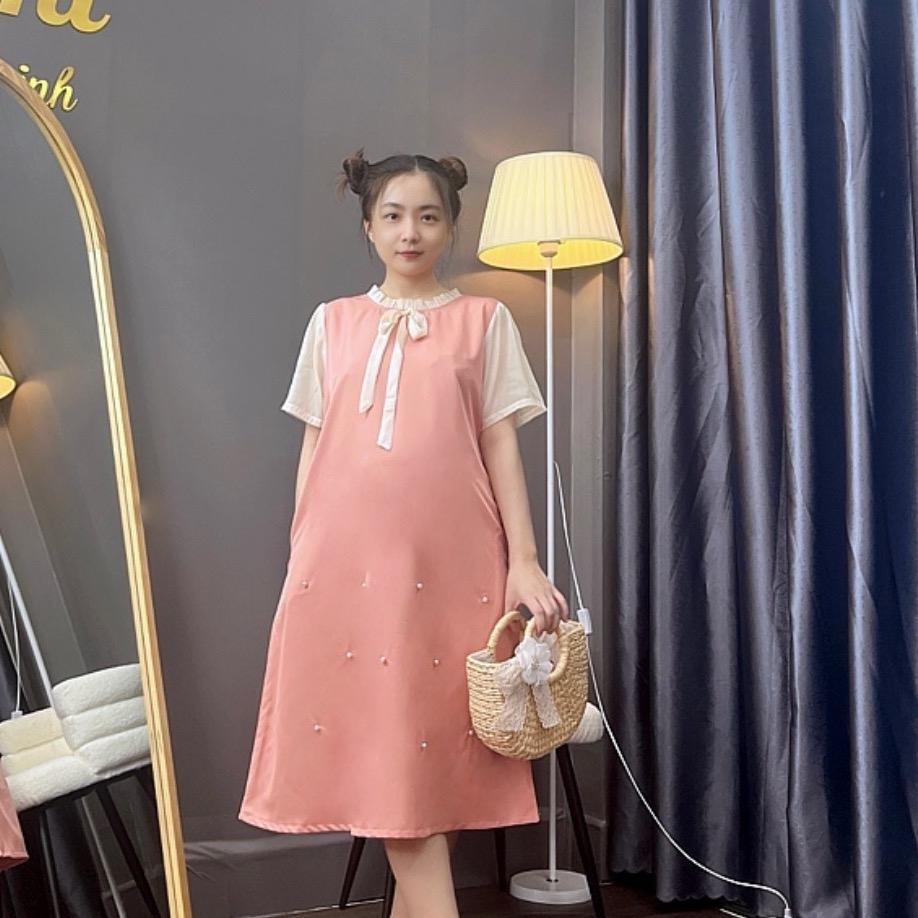Đầm bầu cổ bèo thắt nơ đính hạt phom suông dễ thương gon dáng, mặc đi làm đi chơi - Đen