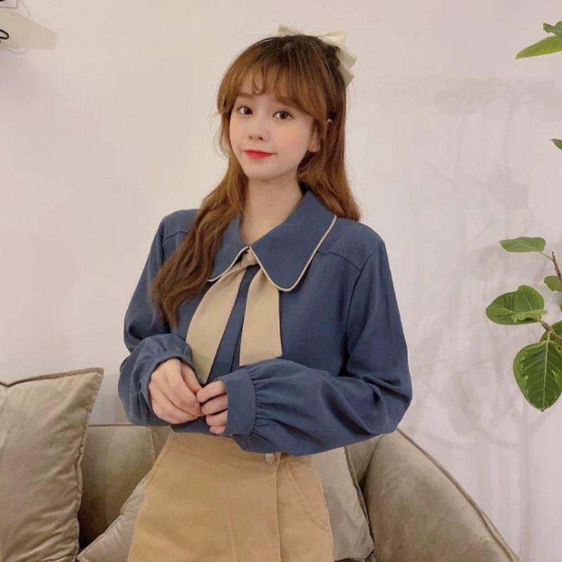 Áo sơ mi nữ dài tay thắt nơ cổ công sở thanh lịch Quảng Châu