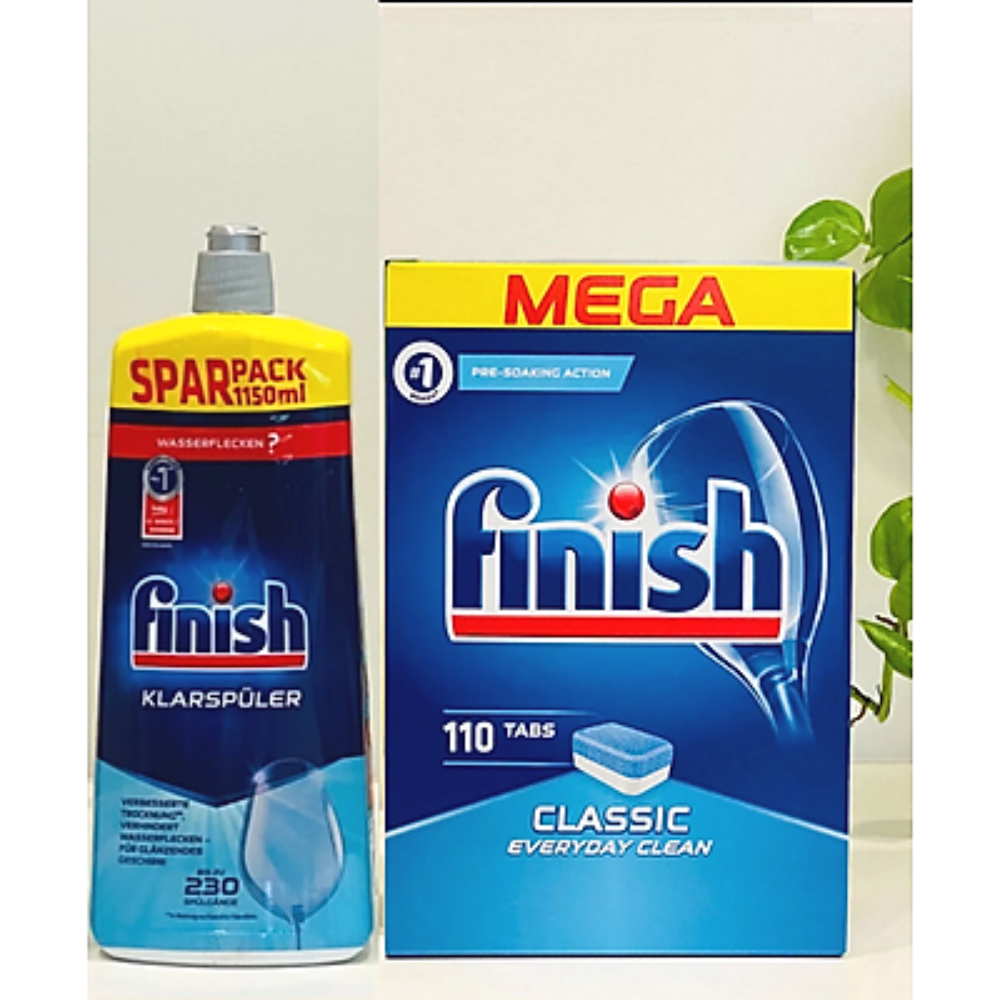 Viên rửa bát finish 110 viên+1150ml Nước làm bóng bát Finish dùng cho Máy rửa bát