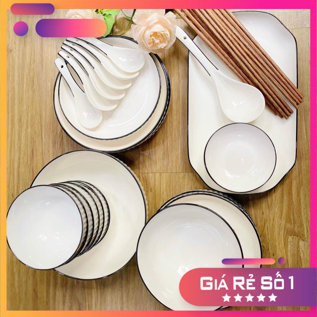 Bộ bát đĩa đẹp sang trọng màu trắng viền phong cách Phương Đông hiện đại BT-34 chi tiết