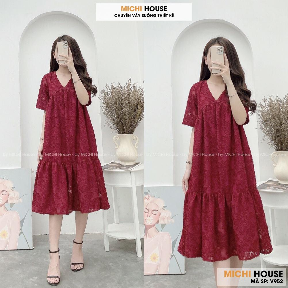 Váy Dáng Suông Rộng Dài MICHI House V952 Đầm Xuông Thiết kế Freesize Cổ V Ngắn Tay Mặc Xinh Tất Cả Mọi Người