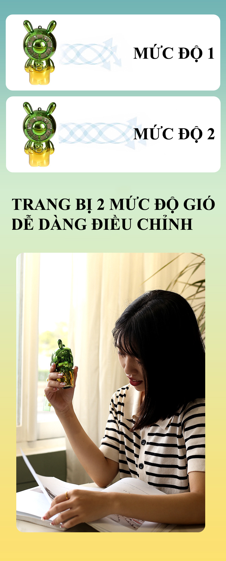Quạt mini cầm tay kèm theo móc treo tiện lợi với thiết kế dễ thương nhỏ gọn có 2 mức độ gió siêu mát