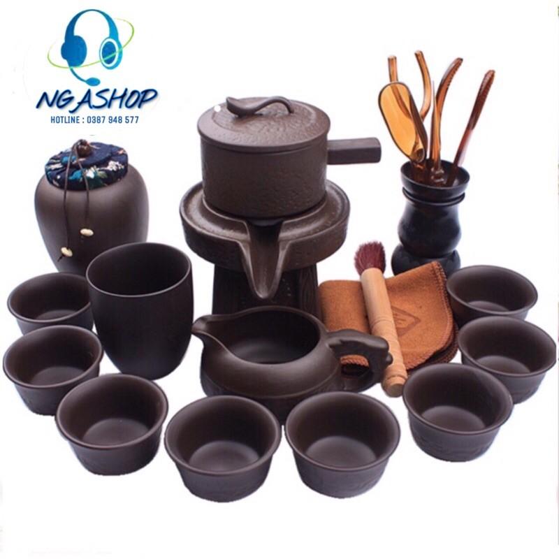 Bộ ấm chén pha trà đẹp cối xay gió gốm sứ tử sa cao cấp, 19 chi tiết màu nâu đen