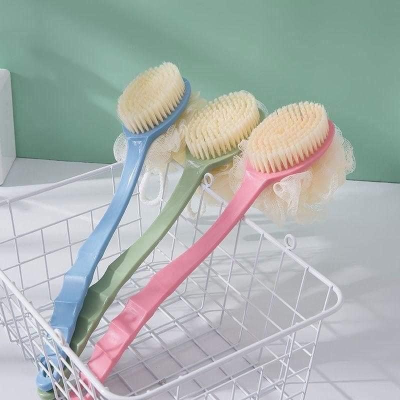 Cọ lưng kèm bông tắm tạo bọt 2 mặt, cây cọ lưng cán dài cầm tay 1mặt tẩy da chết 1 mặt tạo bọt