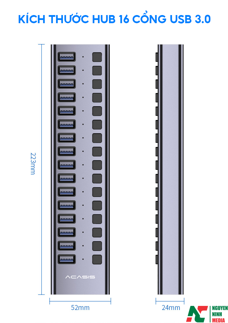 Bộ Chia USB 3.0 16 Cổng ACASIS HS-716MG - Nguồn 12V 7.5A - HUB USB 16 Port 90W - Hàng Chính Hãng