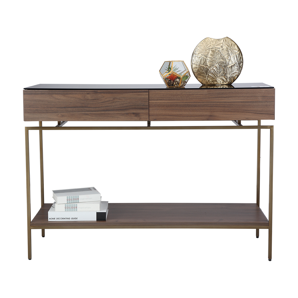 Bàn console trang trí JEAGER chân kim loại bền chắc, khung gỗ kèm kệ lửng và ngăn kéo kết hợp mặt kính cường lực cao cấp | Index Living Mall - Phân phối độc quyền tại Việt Nam