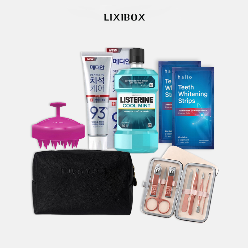 [HB Gift] Combo Lược gội đầu, Miếng Dán Trắng Răng, Kem Đánh Răng Median, Nước Súc Miệng Listerine, Lustre Makeup Bags, Set làm móng