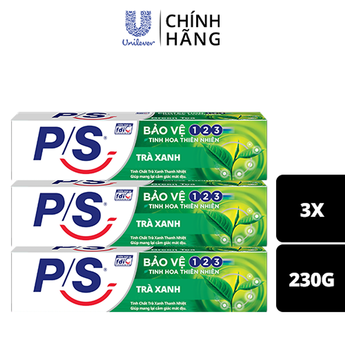 Combo 3 Kem Đánh Răng P/S Bảo Vệ 123 Trà Xanh 230g với tinh chất trà xanh thanh nhiệt giúp mang lại cảm giác mát dịu