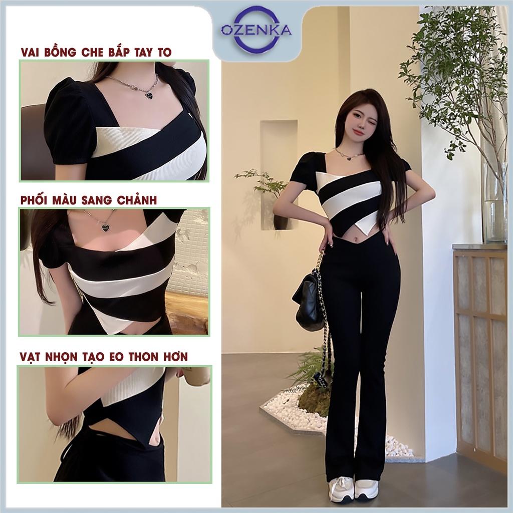 Áo croptop kiểu vạt nhọn cổ vuông vai bồng cộc tay nữ OZENKA , áo crt ôm body phối màu gợi cảm thun cotton dưới 55 cân