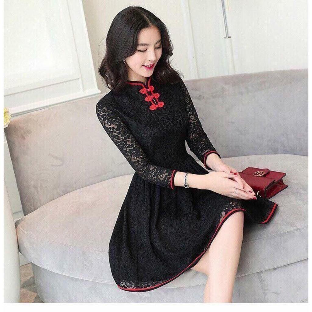 Đầm ren tay lỡ cổ sẵm nút thắt