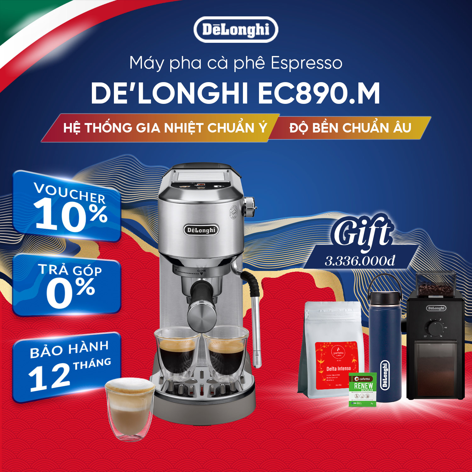Máy pha cà phê espresso DeLonghi Dedica Duo EC890.M - Hàng Chính Hãng