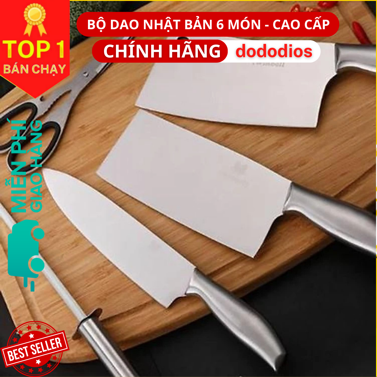 Bộ Dao Nhà Bếp Cao Cấp - Bộ Dao Kéo 6 Món Nhật Bản Cao Cấp chóng han gỉ, tặng kèm khay để giao kéo - Hàng chính hãng dododios - Logo trên thân bộ dao là hình và kí tự ngẫu nhiên