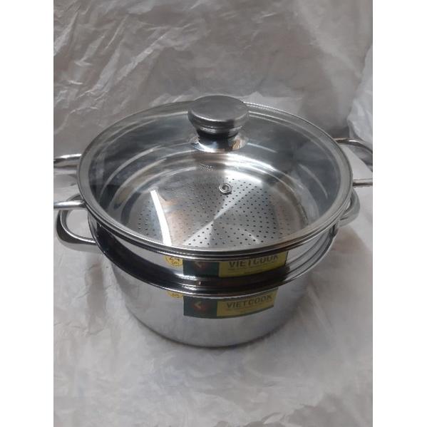 (Video Sp)Bộ nồi xửng hấp inox ,xửng hấp inox 2 tầng nắp kính và nắp inox đáy từ Vietcook size 24,26,28,30,32 chõ đồ xôi