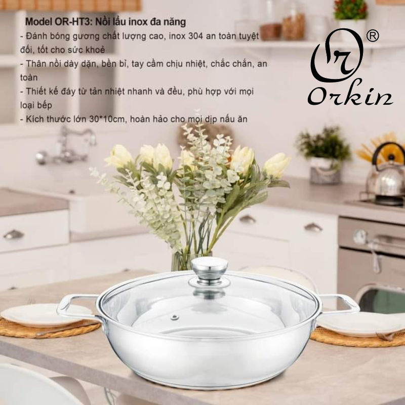 Chảo lẩu Inox cao cấp 3 đáy Orkin Thái Lan size 30cm OR-HT3