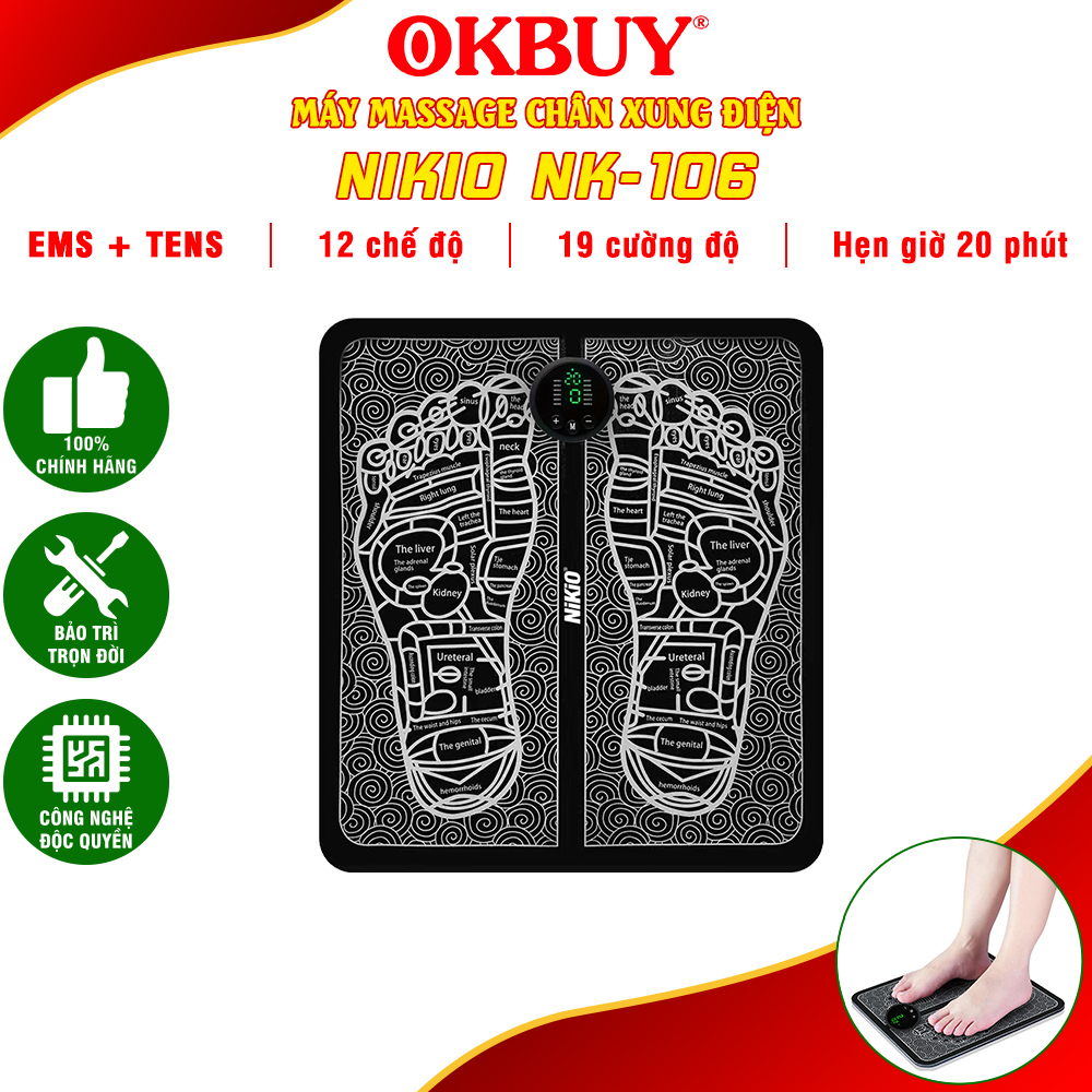 Thảm massage bàn chân xung điện Nikio NK-106 có 12 chế độ, 19 cường độ matxa, thúc đẩy lưu thông máu, giảm tê bì và đau mỏi chân hiệu quả