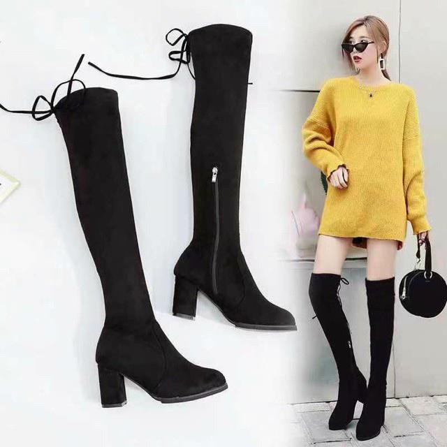 Bốt đùi nữ gót vuông khóa cạnh