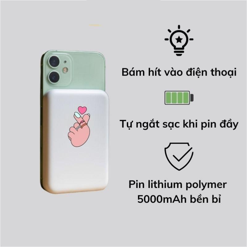 Sạc Dự Phòng Không Dây Từ Tính 5000mAh, Sạc Nhanh, Bám Dính, Ổn Định