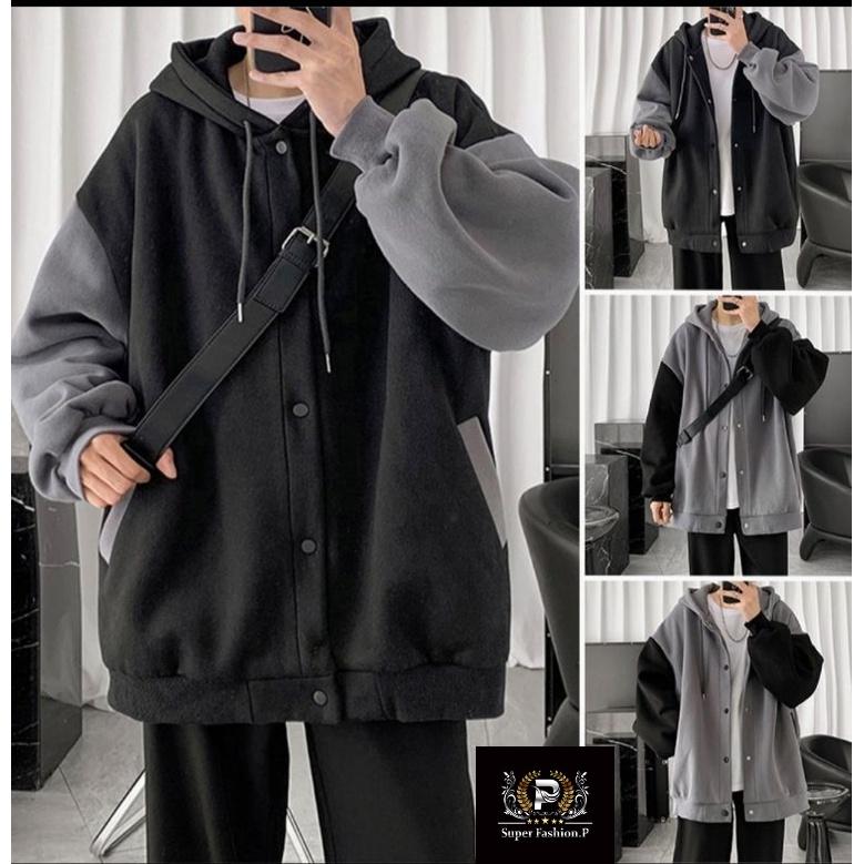 Áo Khoác Hoodie Nút Bấm Phối Tay Hai Màu Sành Điệu Thời Trang